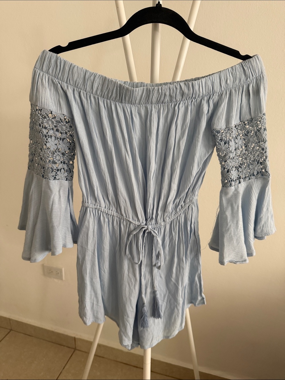 Off-Shoulder Light Blue Crochet-Sleeve Romper